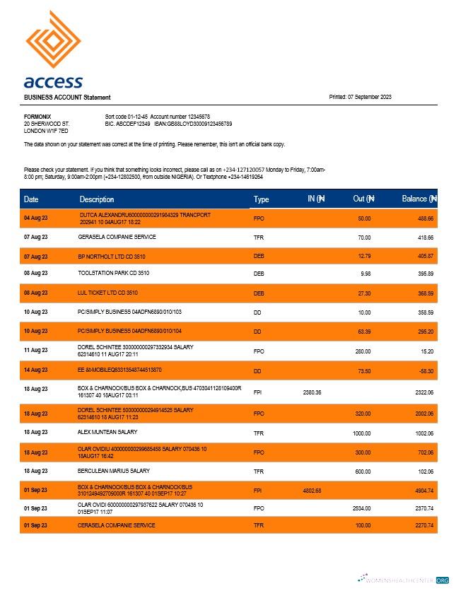 Download Access Bank company checking account statement Word and PDF template Photoshop template